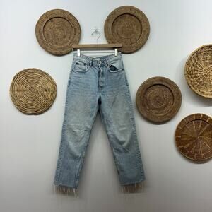 Zara Light Denim Raw Edge Button Fly High Waist High Rise Straight Leg Jeans 4